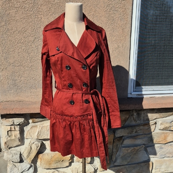 Elle Jackets & Blazers - Elle Rust Trench Coat Ruffle Bottom Button Front With Belt Size Small